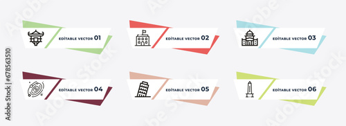 pagoda, embassy, goverment building, space, pisa tower, washington monument outline icons. editable vector from buildings concept.