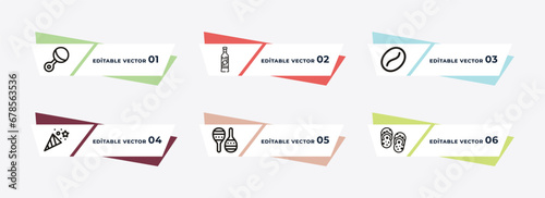 rattle, cachaca, coffee beans, confetti, maracas, flip flops outline icons. editable vector from brazilia concept.