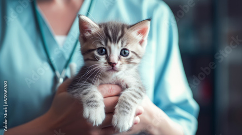 Cute kitten in the hands of a veterinarian, close up view