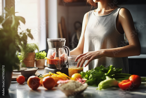 Close up of woman blending fruits and vegetables with blender machine on table in background of modern kitchen. Lifestyle concept of health and vegetarian. photo