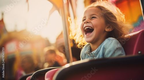 Cute little girl laughing at carnival ride at sunny daytime © standret