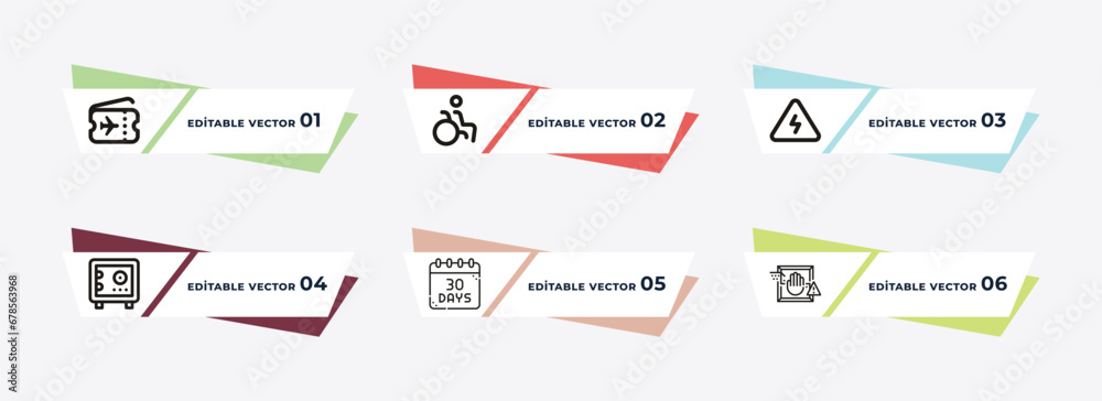 two plane tickets, disable, high voltage, big safe box, calendar day thirty, security control outline icons. editable vector from airport terminal concept.