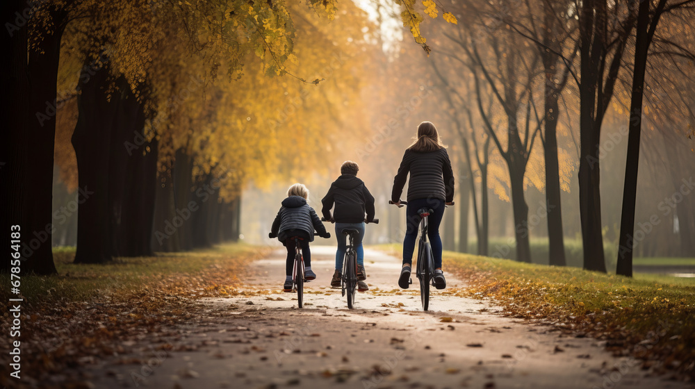 Cycling family in the park, people are together, rear view Cycling family in the park, people are together, rear view