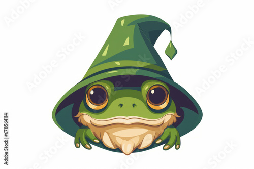 Cute silly simple flat color illustration of frog magician in hat