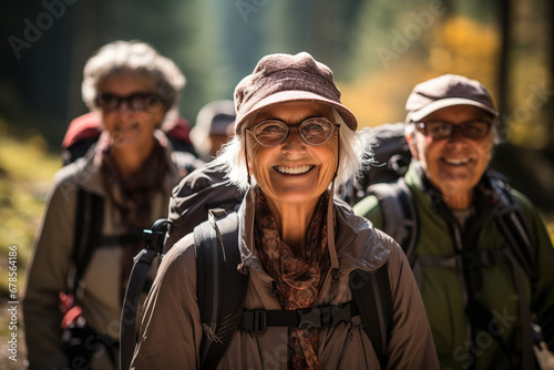 Senior and middle age hikers enjoying in nature.