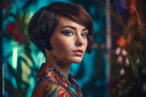 Beautiful young brunette woman with short hairstyle. Fashionable female model posing on colorful illuminated backdrop. Generate ai © nsit0108