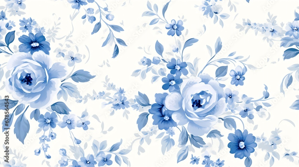 Generative AI : Shabby chic vintage roses, tulips and forget-me-nots vintage seamless pattern - obrazy, fototapety, plakaty 