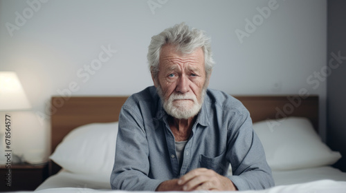 Depressed elderly man looks unhappy while sitting indoors at domestic room © standret