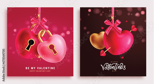 Valentine's day greeting card vector poster set. Happy valentine's day gift tags collection with heart padlock love symbol elements. Vector illustration hearts day invitation card. 
