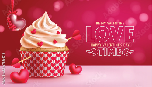 Valentine's cup cake vector design. Be my valentine greeting card with cupcake and heart balloons love decoration elements for holiday season celebration. Vector illustration hearts day invitation  photo
