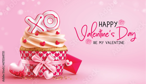 Happy valentine's day vector design. Valentine's day cupcake sweet dessert with heart and ribbon decoration for holiday season greeting card background. Vector illustration hearts day invitation card.