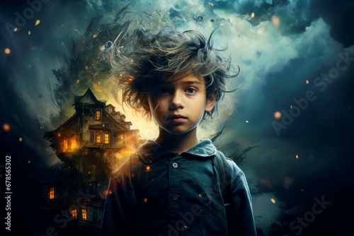 Little boy with nightmare house. Little guy with imaginary scary dark fairy tale house. Generate ai