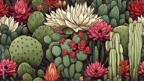 Generative AI : Cacti and succulents on outdoor, floral landscape, seamless pattern photo