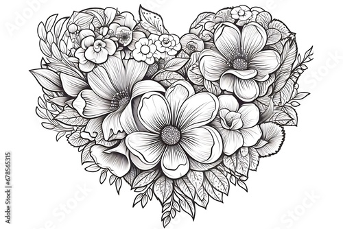 Generative AI : Monochrome Floral Composition in Heart Shape. Hand Drawn Ornament with Flowers. photo