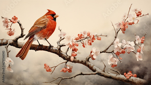 A red bird sitting on a branch © Hassan