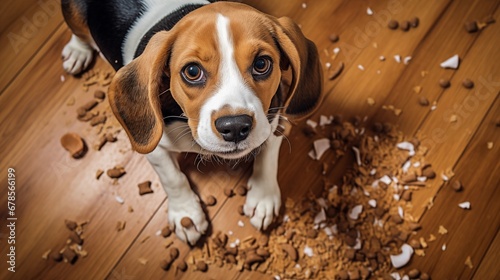 Junger Beagle schaut von unten hoch um sich herum liegt verstreut Trockenfutter 
