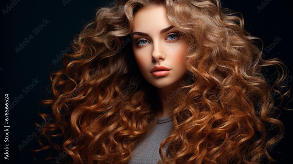 Beauty with long, lustrous wavy hair Shatush and balayash, as well as hair coloring and toning  Beautiful curly-haired woman model.