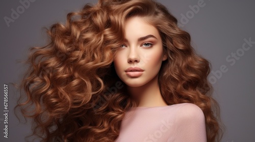 Beauty with long, lustrous wavy hair Shatush and balayash, as well as hair coloring and toning Beautiful curly-haired woman model.