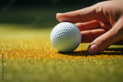 Close up golf ball in hand with green plants background. Golf sport ideas and background
