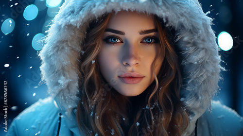 Portrait of pretty young girl in hooded winter coat beneath falling snow, enchants with her expressive gaze and captivating appearance, atmosphere is serene and filled with quiet beauty of winter
