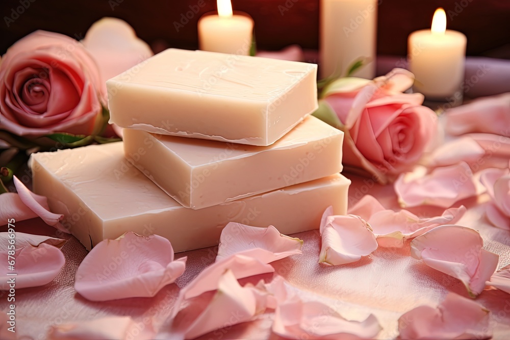 Tranquil and Romantic Wellness Scene with Soap, Rose Petals, Candle, and Pink Roses Tranquil and Romantic Wellness Scene with Soap, Rose Petals, Candle, and Pink Roses