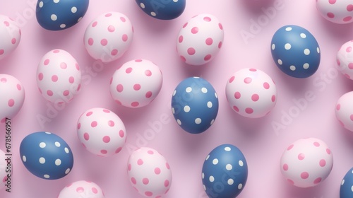 Top view close up Indigo easter eggs with pink polka dot 3D   clay  cartoon art white soft blue background  superrealism  ultra realistic  hyper realistic  ultra detailed rendering background
