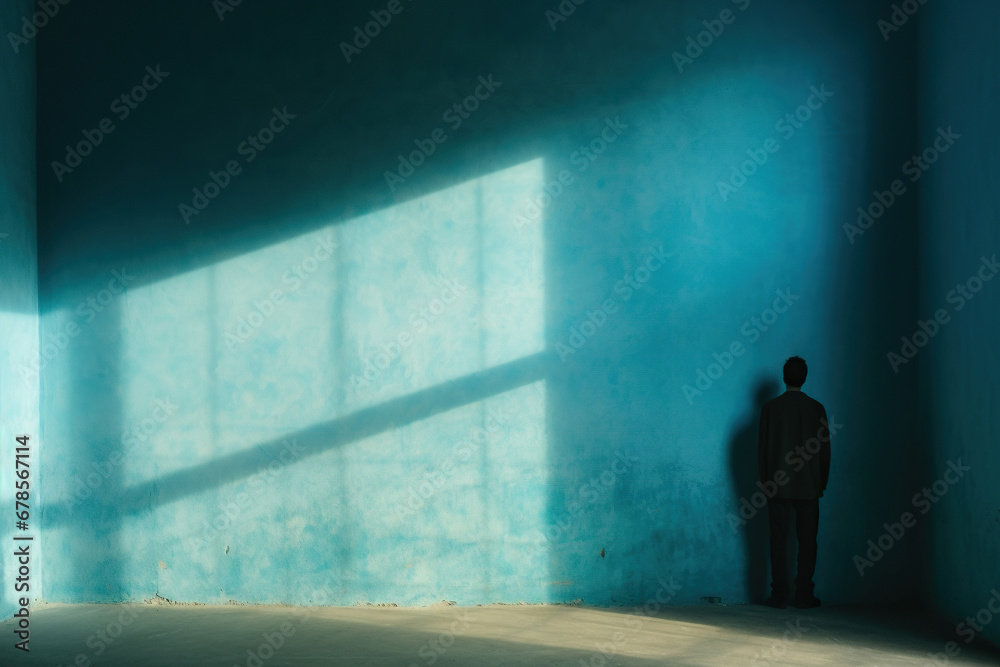 A lonely man stands facing the wall in an empty room. Blue wall with shadows. Concept of human loneliness, social problems. Generative AI