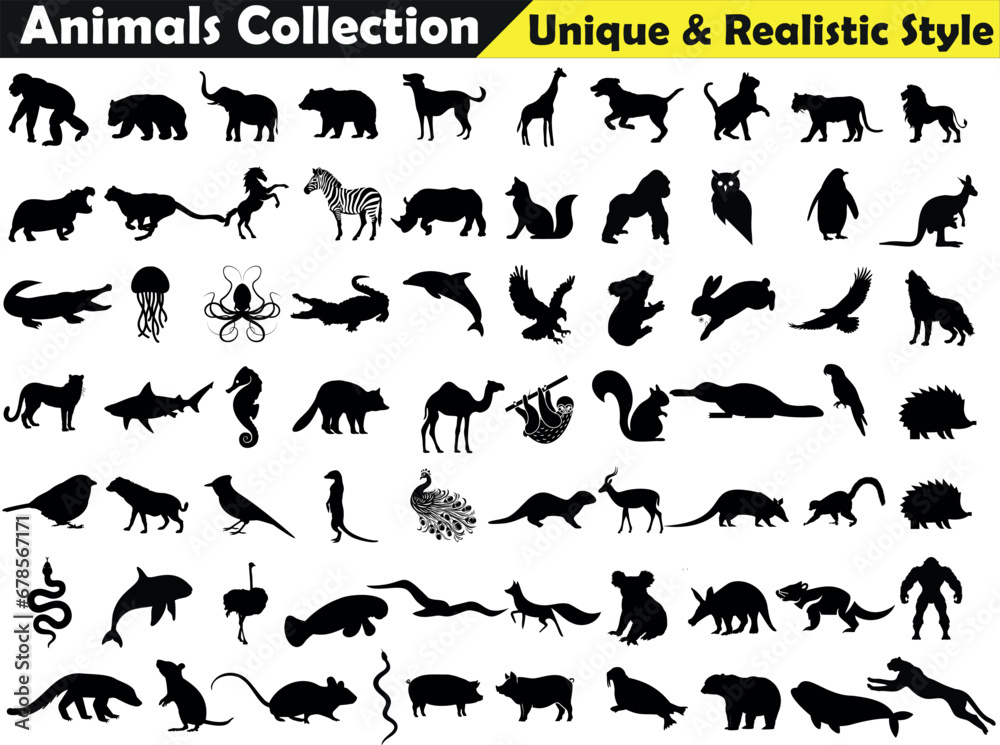 Naklejka premium Animal Silhouette or Logo Collection isolated on white background. Lion, Elephant, Tiger, Giraffe, Cheetah, Bear, Gorilla, Zebra, Kangaroo, Penguin, Wolf. Fully customizable vector illustrations