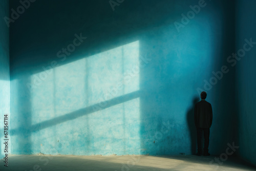 A lonely man stands facing the wall in an empty room. Blue wall with shadows. Concept of human loneliness  social problems. Generative AI