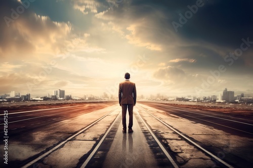 Businessman standing runway nature sunset. Person work trip road arrival. Generate Ai
