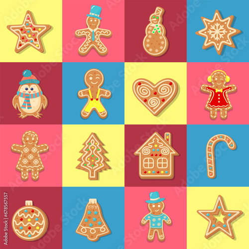 Seamless square pattern with Christmas gingerbread cookies. Geometric checkered print for wrapping paper, background, wallpaper, posters.