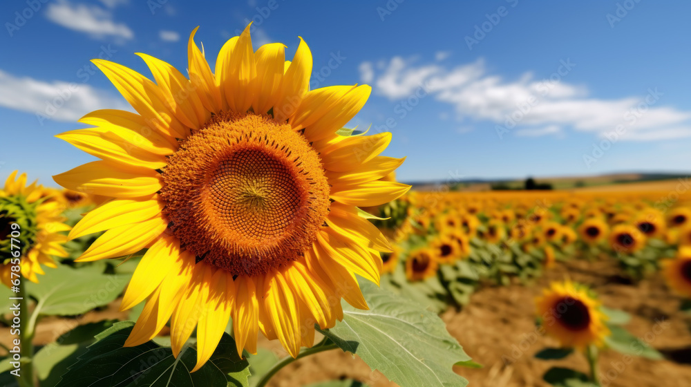 Fototapeta premium Vibrant Sunflower Field Under Blue Sky