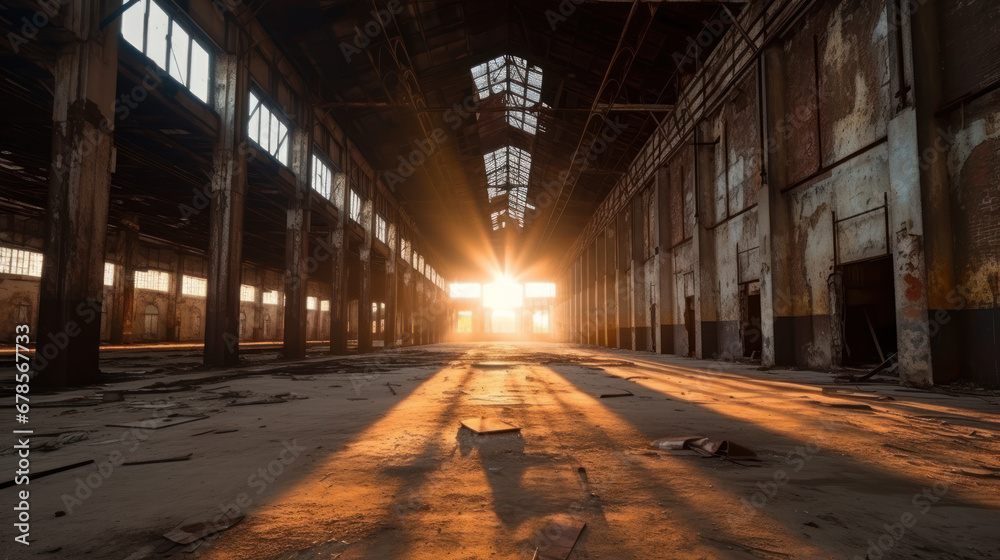 Sunset Rays in Abandoned Industrial Warehouse