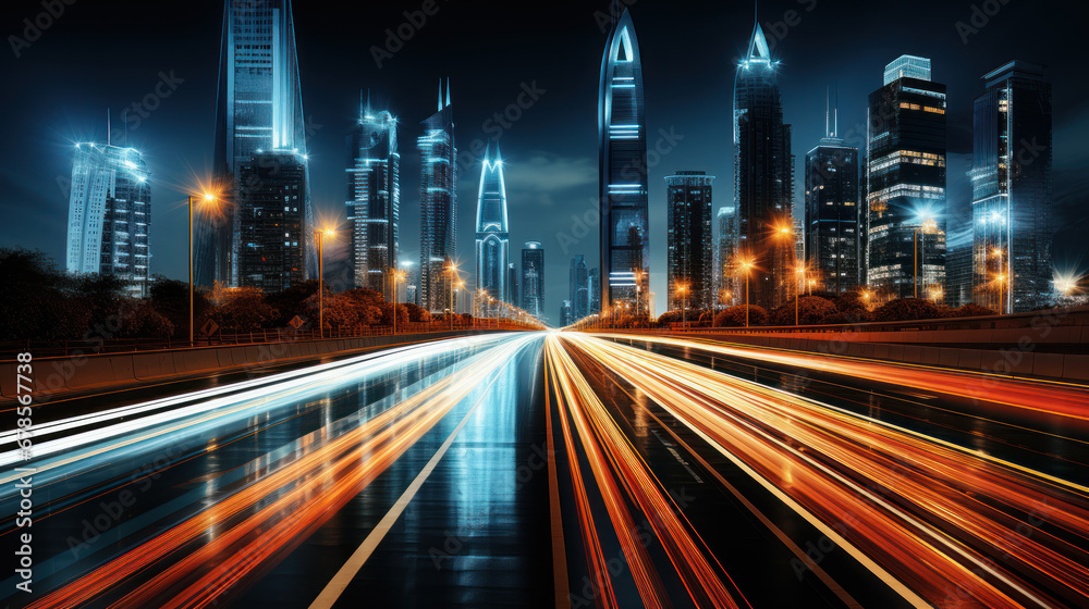 Dynamic Cityscape with Light Trails at Night