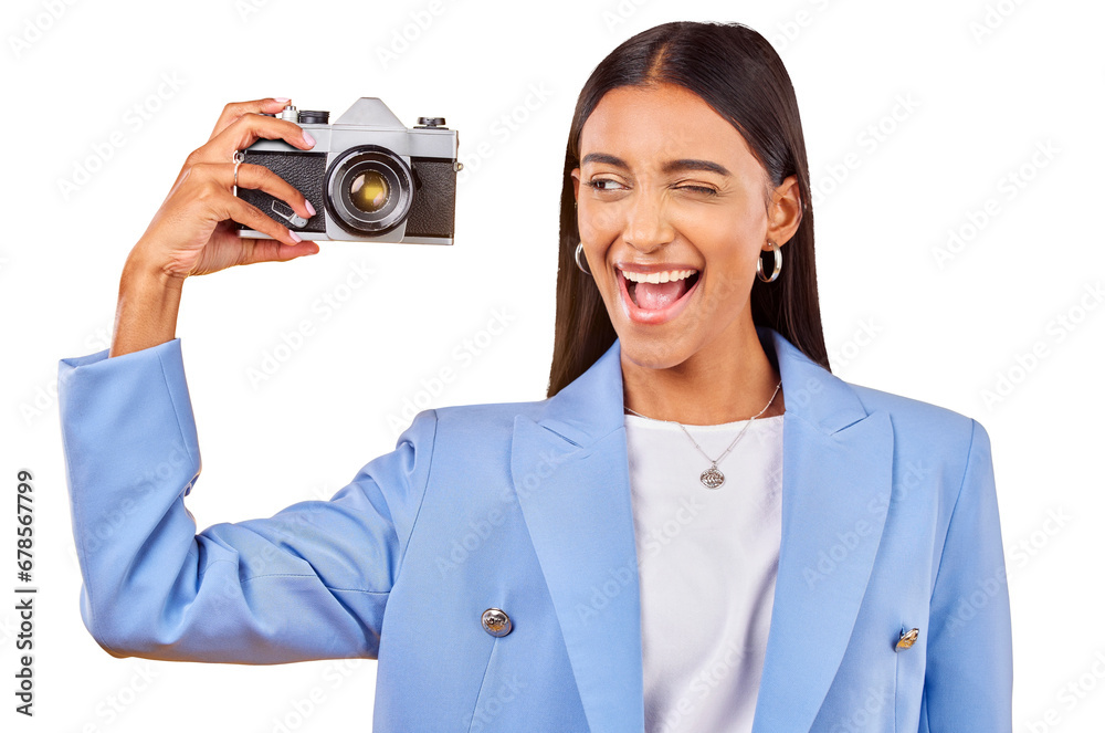 Camera, photography and woman picture with a smile and wink on isolated transparent png background. Happy, young female person and creative for memory, funny emoji and face with photographer skill Camera, photography and woman picture with a smile and wink on isolated transparent png background. Happy, young female person and creative for memory, funny emoji and face with photographer skill