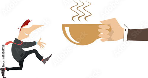 Blindfolded man follows to the smell of a cup of coffee or tea.
Blindfolded man follows to the smell of a cup of coffee or tea. Hand with a cup of coffee or tea
