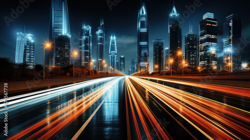 Dynamic Cityscape with Light Trails at Night