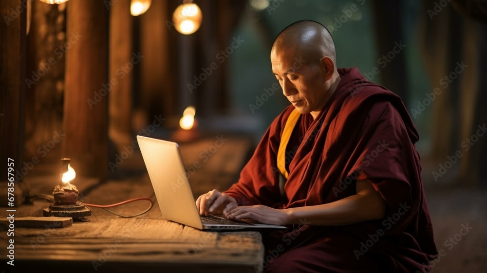 Monk working on laptop Monk working on laptop
