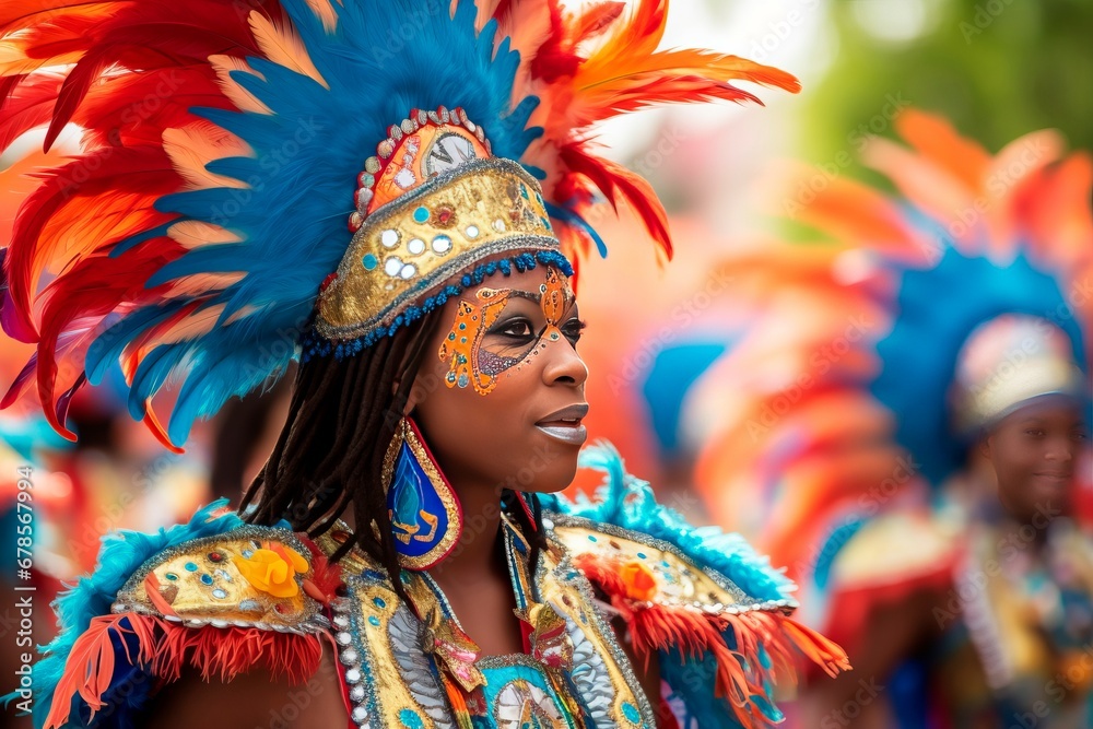 Caribbean costume carnival colorful style. Festival happy street celebration holiday. Generate Ai Caribbean costume carnival colorful style. Festival happy street celebration holiday. Generate Ai