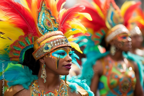 Caribbean costume carnival street dance. Girl happy culture indian feathers. Generate Ai
