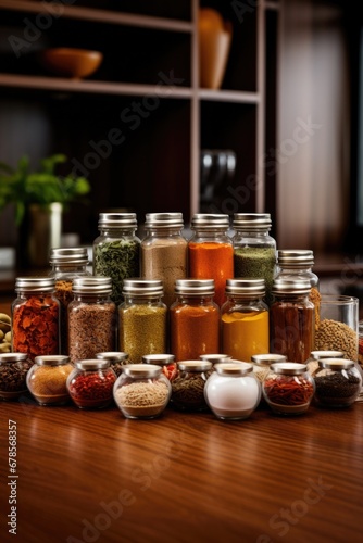 A wooden table topped with jars filled with different types of spices. Generative AI.