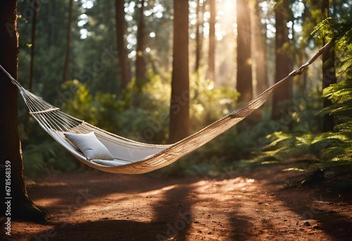 AI illustration of a hammock suspended between two tall pine trees in a sun-drenched forest. photo