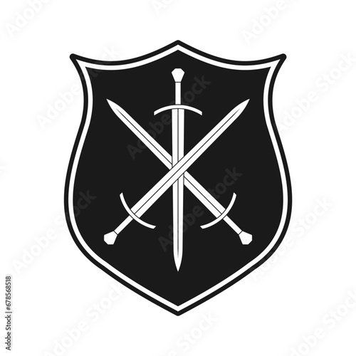 Shield and swords crossed icon. Coat of arms symbol. Sword heraldry logo sign. Vector illustration image.