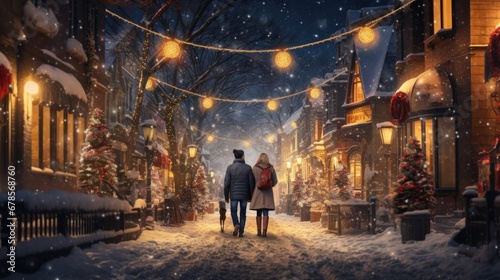 Gazing at festive lights, couple stands amidst snowflakes in city. Winter holiday magic. © Postproduction