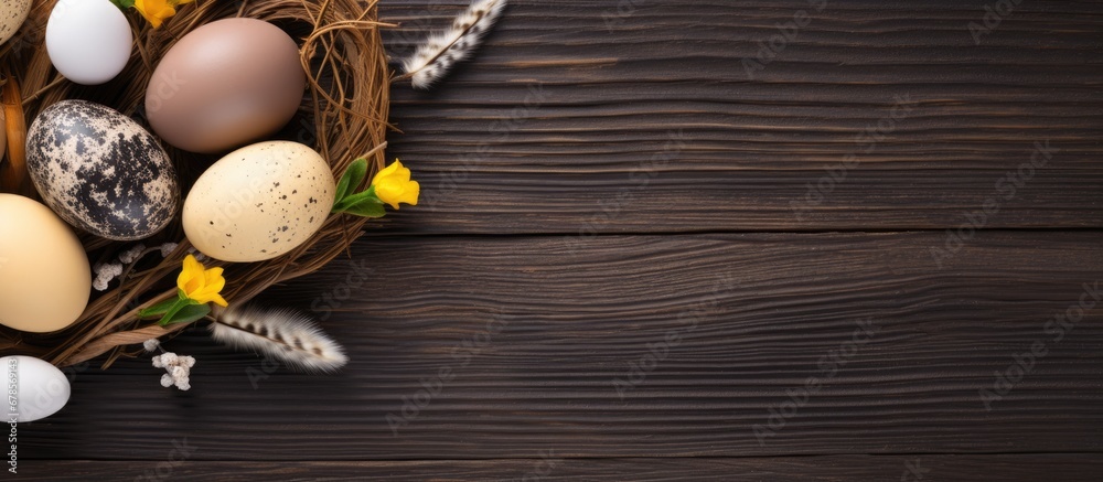 Easter eggs on an Easter themed background with space for text