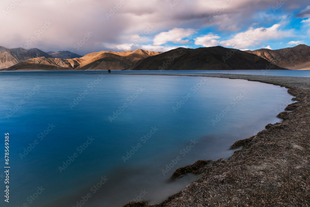 super view of panggong lake, in Ladakh, India. Panggong Lake is well known as the shooting point if 3 idiots bollywood movies. The lake is magical because its turqoise water. 