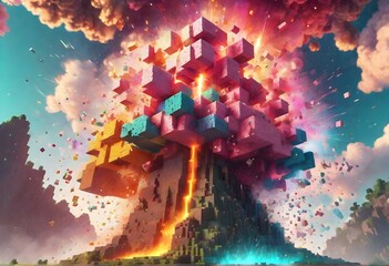 Rollo Minecraft Berstende Farbwürfel mit Pixelspritzern  © Janis