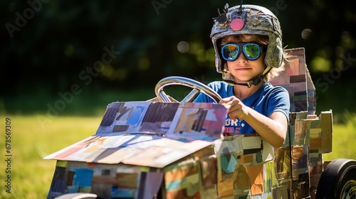 Junge fährt in einem selbstgebauten Seifenkisten-Fahrzeug photo