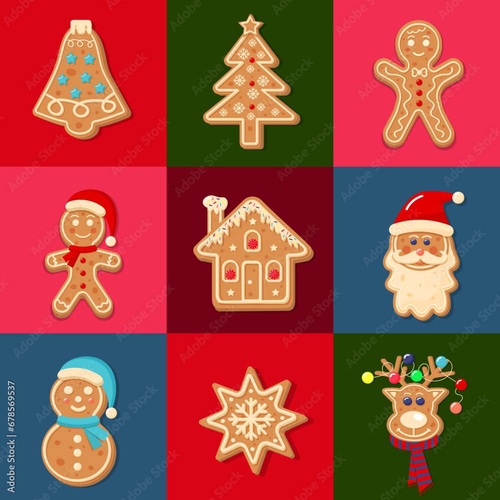 Seamless square pattern with Christmas gingerbread cookies. Geometric checkered print for wrapping paper, background, wallpaper, posters.