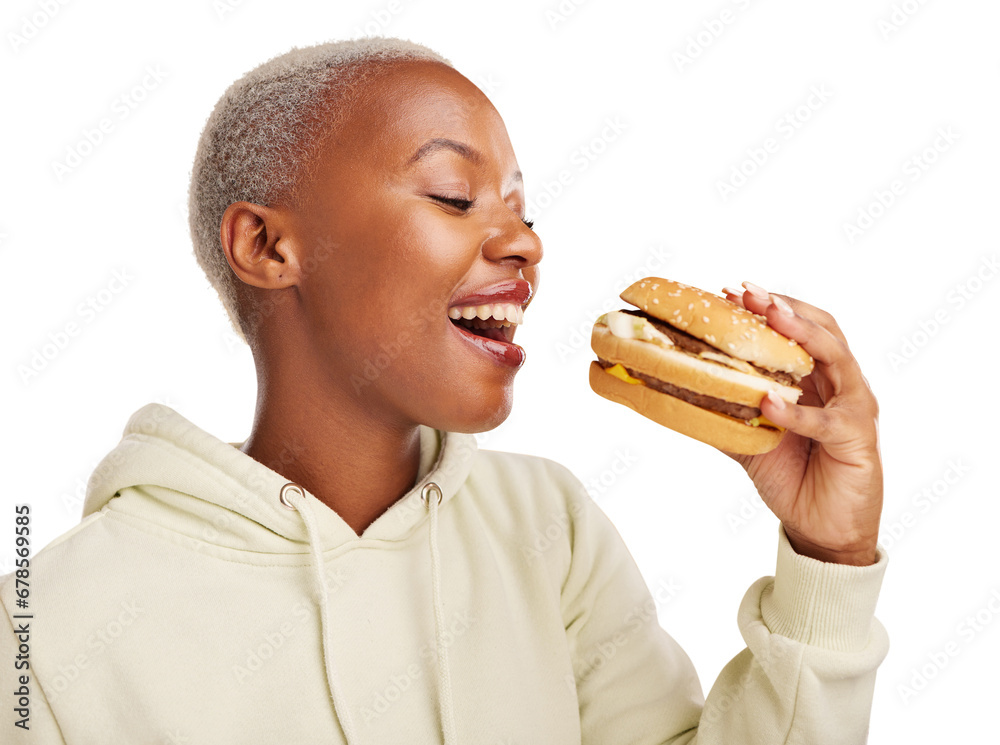 Hamburger, bite and black woman with fast food meal on isolated, transparent or png background. Brunch, deal and face of African lady model with restaurant, promotion or burger, diet or giveaway Hamburger, bite and black woman with fast food meal on isolated, transparent or png background. Brunch, deal and face of African lady model with restaurant, promotion or burger, diet or giveaway